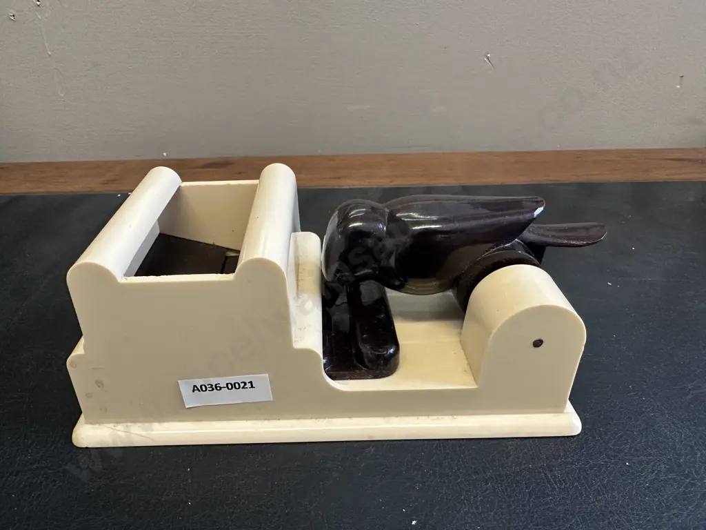 Vintage Black & Cream Bakelite 'Kookaburra' Cigarette Dispenser. H10 W18.5 D10cm (Missing Lid) Image 1++
