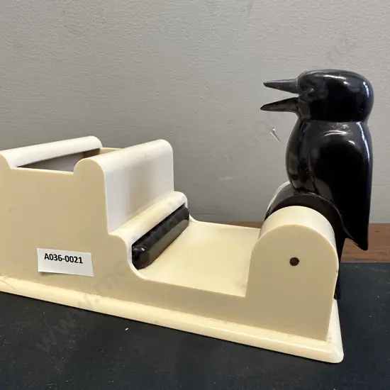 Vintage Black & Cream Bakelite 'Kookaburra' Cigarette Dispenser. H10 W18.5 D10cm (Missing Lid)