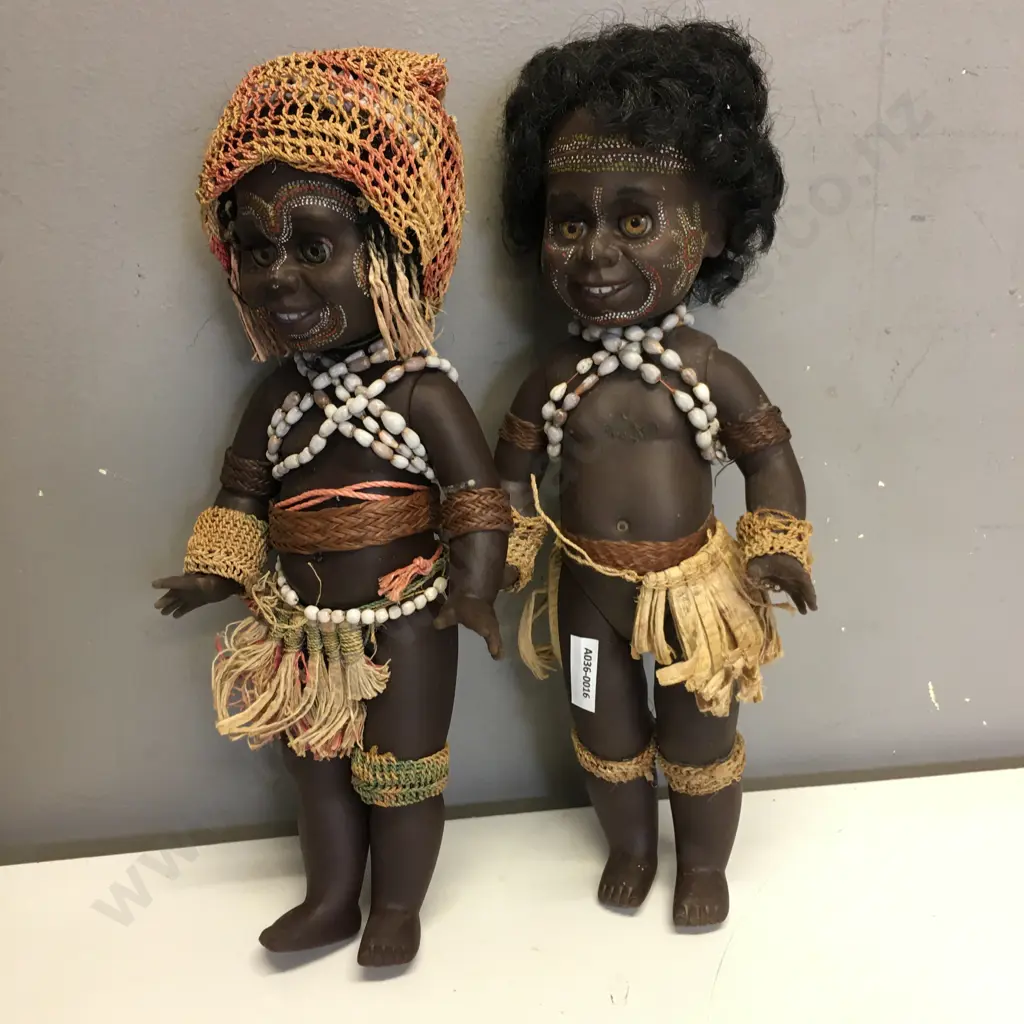 Pair of Vintage 1970s Papua New Guinea Rubber Dolls in Traditional Costumes. 34cm Image 1++