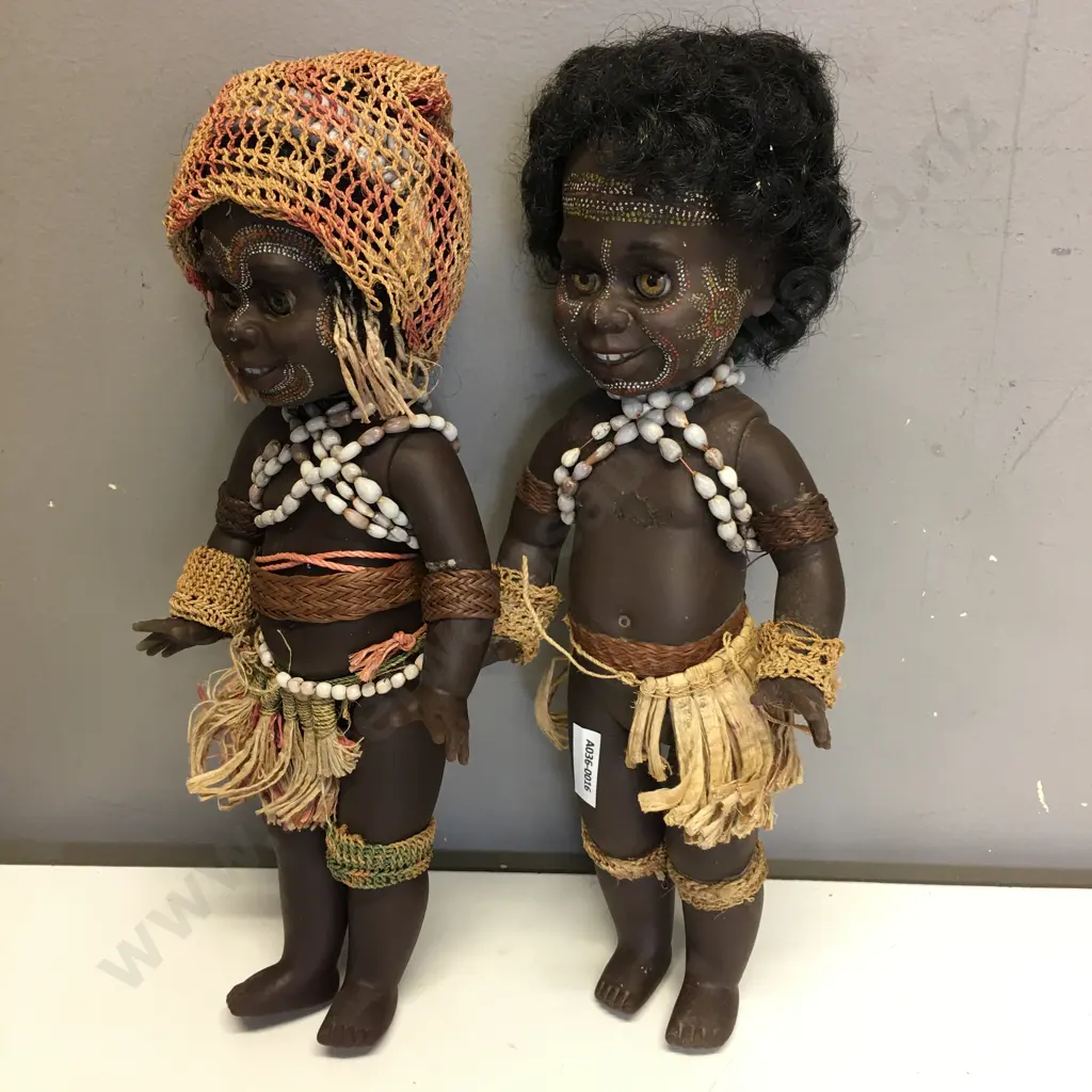 Pair of Vintage 1970s Papua New Guinea Rubber Dolls in Traditional Costumes. 34cm Image 1++