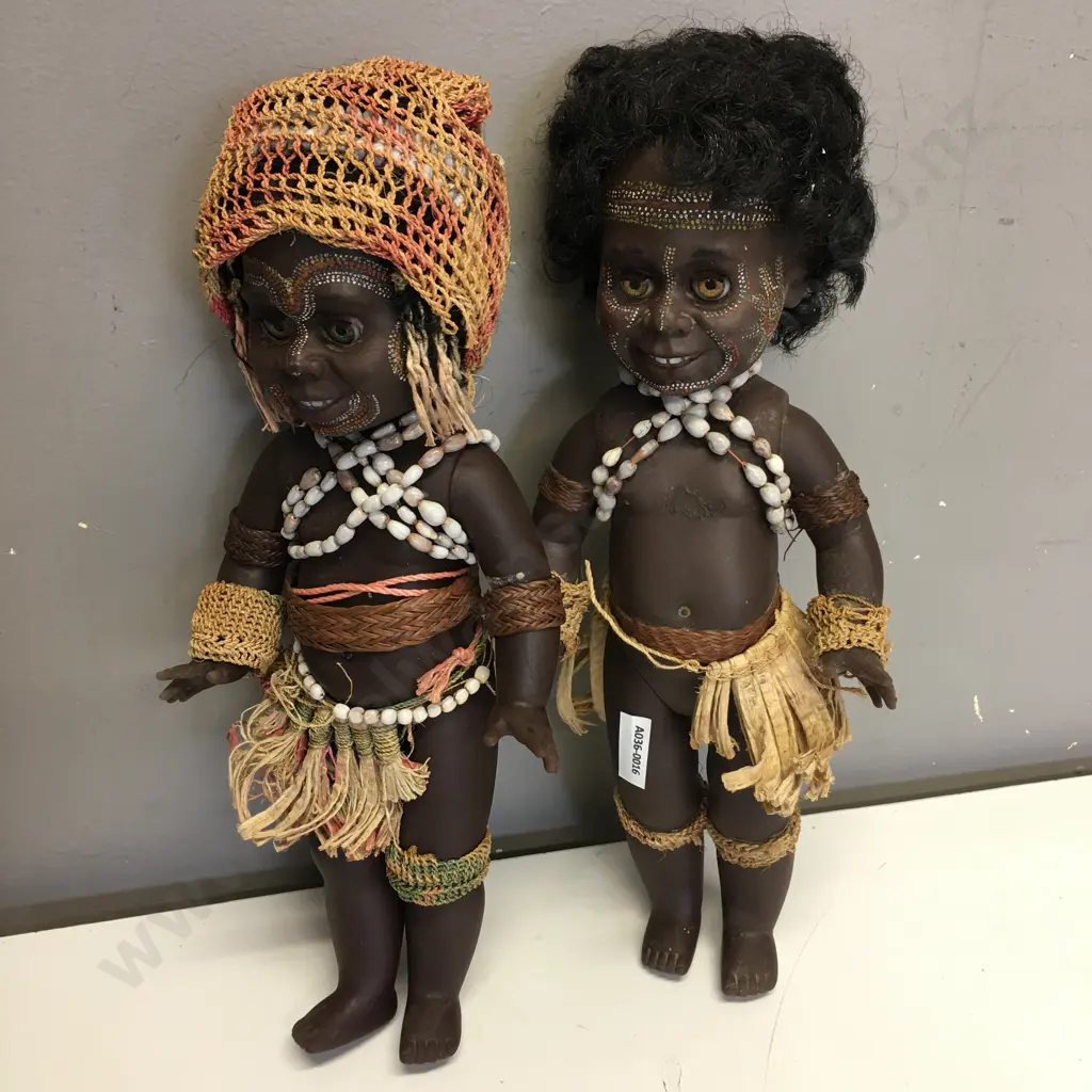 Pair of Vintage 1970s Papua New Guinea Rubber Dolls in Traditional Costumes. 34cm Image 1++