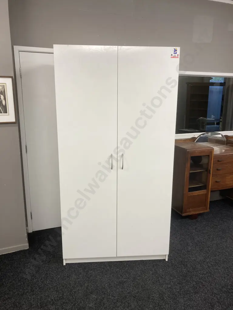 Mr Shelf White Double Door Storage Wardrobe. H196 W100 D50cm Image 1++