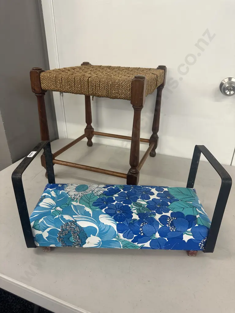 Vintage Wooden Stool, With a Woven Wicker Rope Seat & Retro Steel Garden Kneeler Image 1++