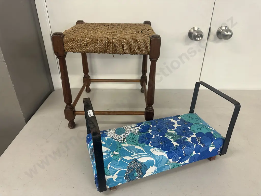 Vintage Wooden Stool, With a Woven Wicker Rope Seat & Retro Steel Garden Kneeler Image 1++