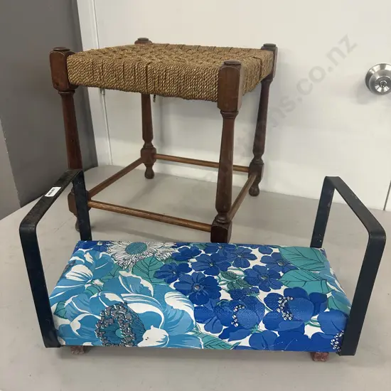 Vintage Wooden Stool, With a Woven Wicker Rope Seat & Retro Steel Garden Kneeler