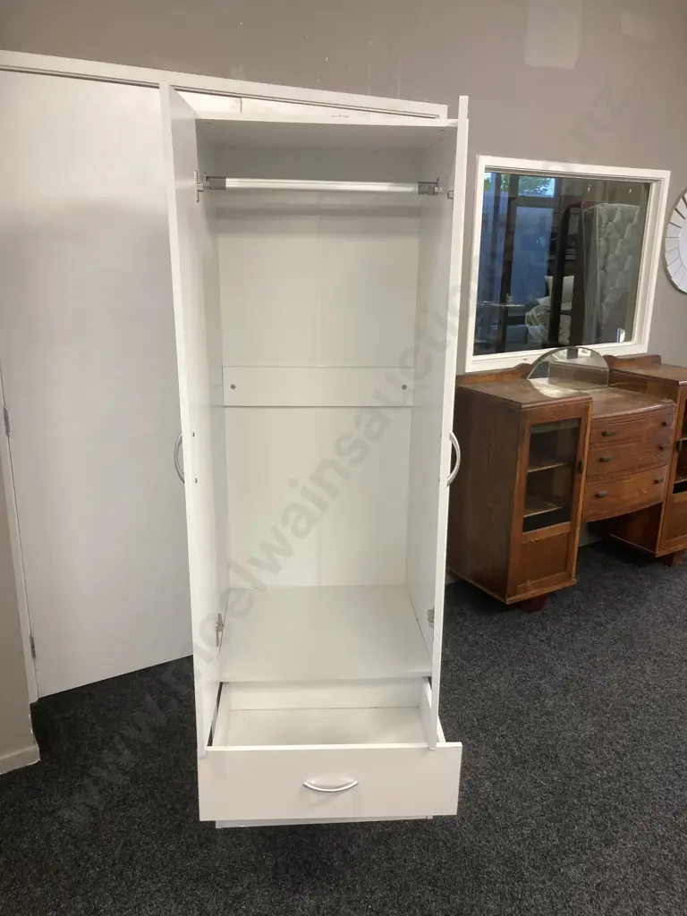White Double Door Storage Cupboard With 2 Drawers In Base. H181 W60 D52.5cm Image 1++
