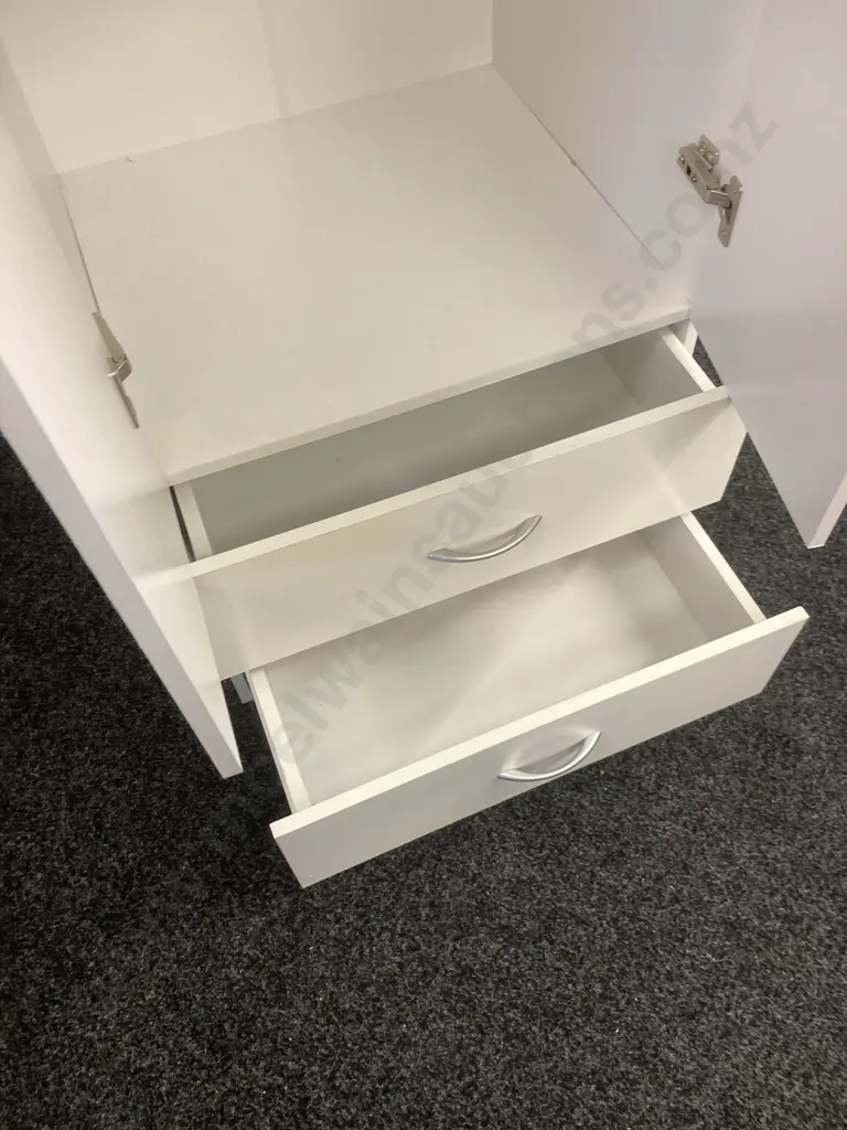 White Double Door Storage Cupboard With 2 Drawers In Base. H181 W60 D52.5cm Image 1++