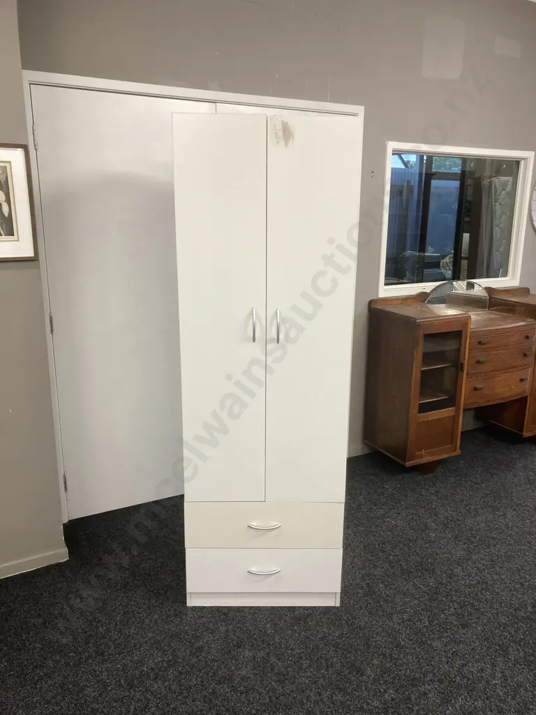 White Double Door Storage Cupboard With 2 Drawers In Base. H181 W60 D52.5cm Image 1++