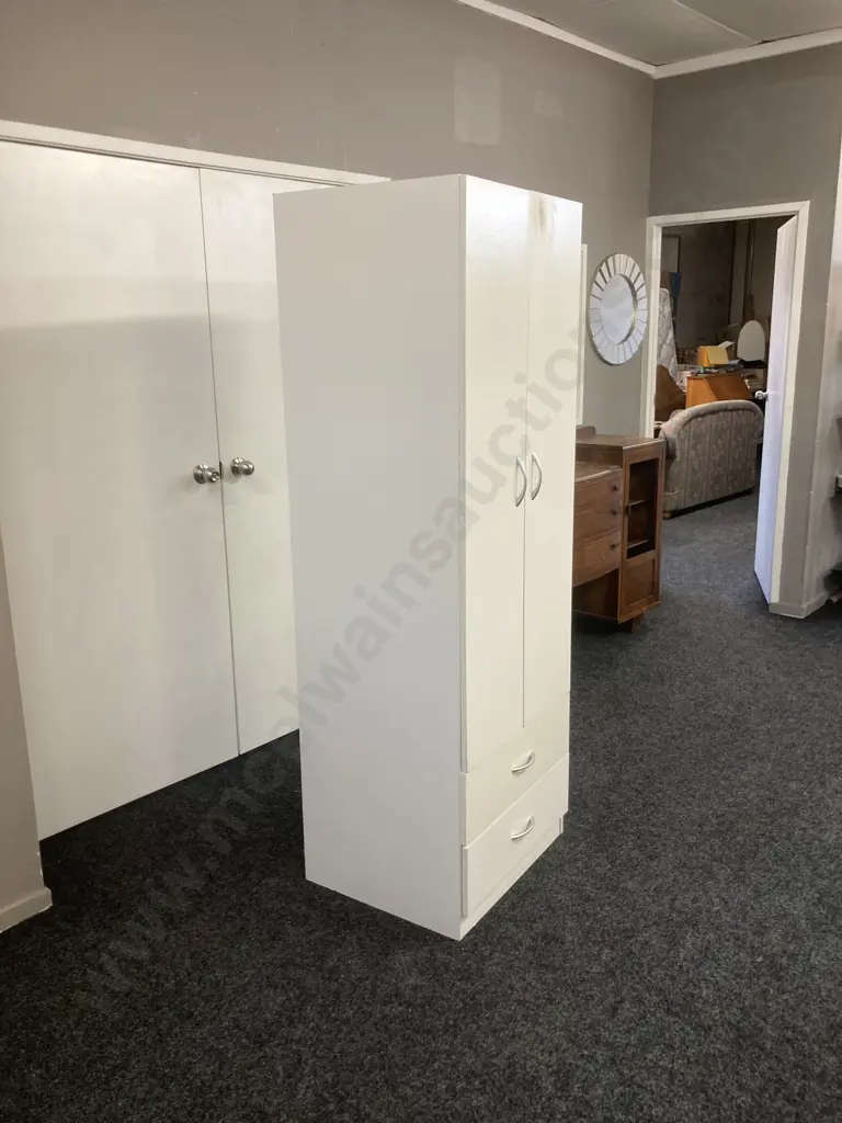 White Double Door Storage Cupboard With 2 Drawers In Base. H181 W60 D52.5cm Image 1++