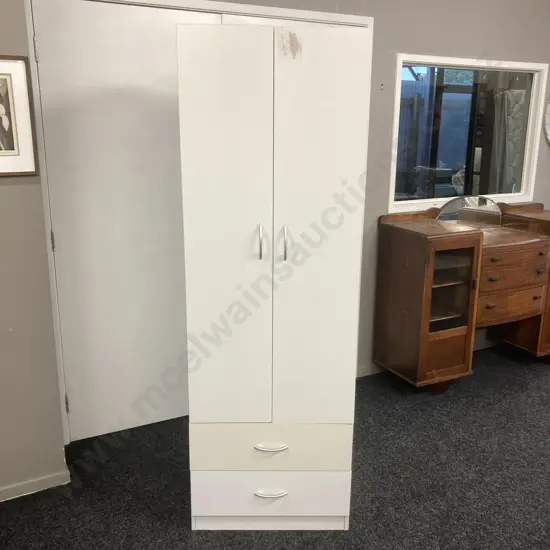 White Double Door Storage Cupboard With 2 Drawers In Base. H181 W60 D52.5cm