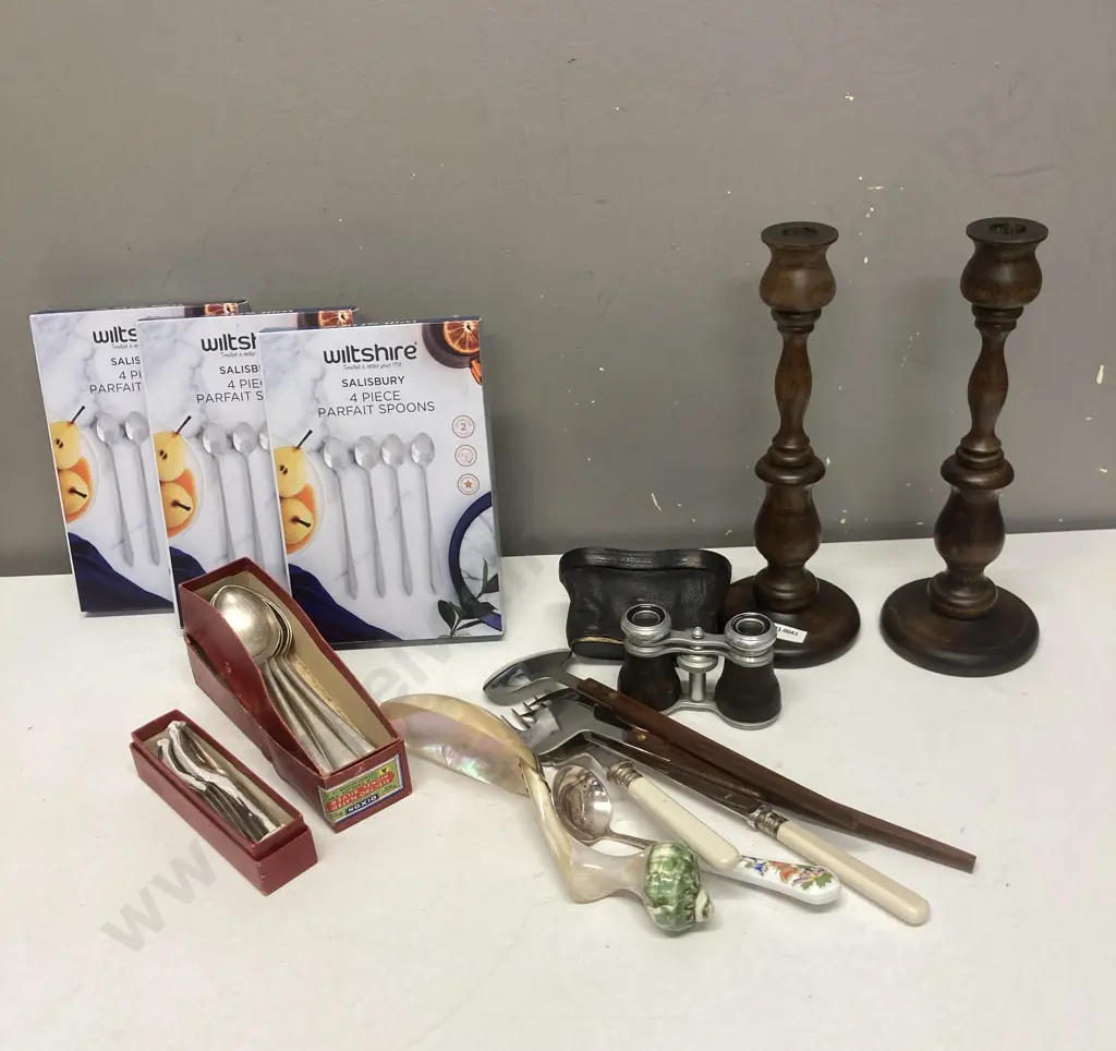 Antique Opera Glasses With Case, Turned Wooden Candlesticks, Boxed Cutlery Etc Image 1++
