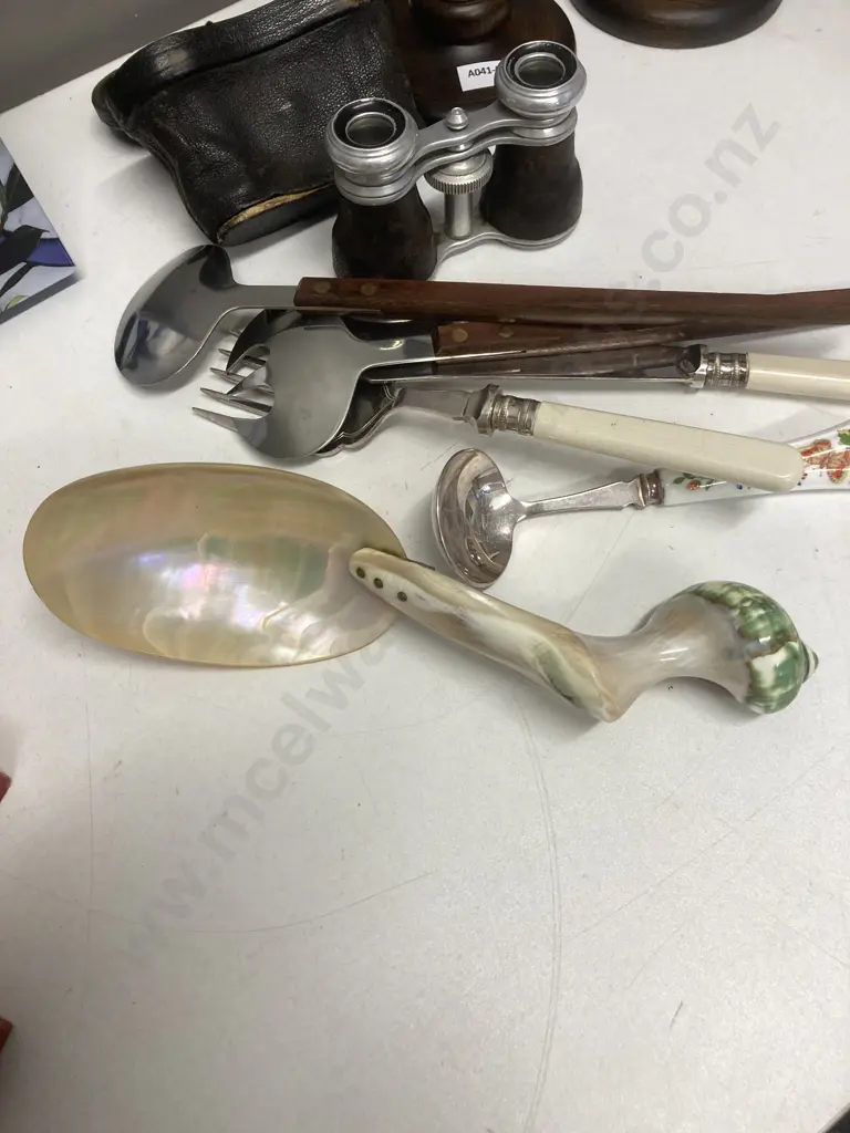 Antique Opera Glasses With Case, Turned Wooden Candlesticks, Boxed Cutlery Etc Image 1++