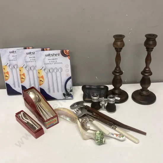 Antique Opera Glasses With Case, Turned Wooden Candlesticks, Boxed Cutlery Etc
