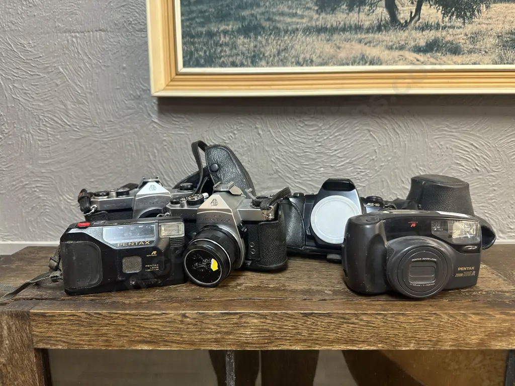 Pair of Asahi Pentax Spotmatic Cameras, Takumar 1:3.5/35 Lens, Pentax Zoom105-R,D-BG2 Battery Grip, MZ-10, MiniSport35AF Image 1++
