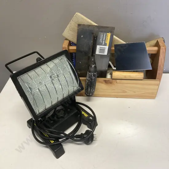 Wooden Caddy, Trowels Etc With Halogen Flood Light