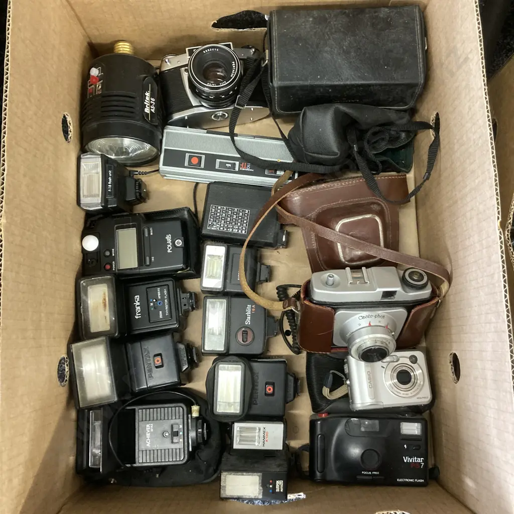 Box Assorted Camera Flashes, Cameras Etc Image 1++