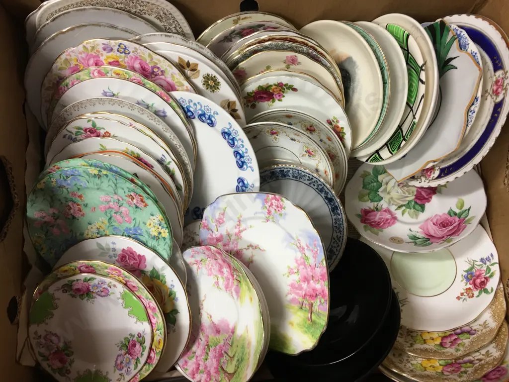 Box lot China Saucers & Plates Including Shelley, Royal Albert Etc Image 1++