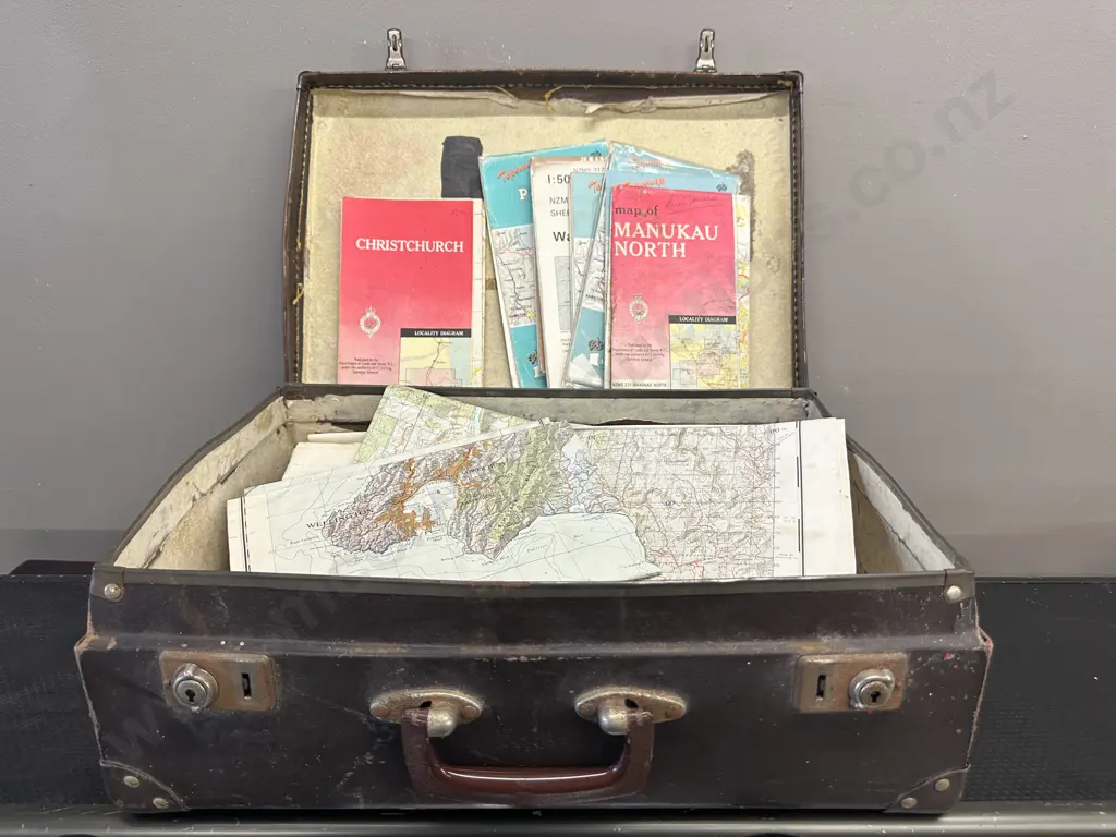 Hard Gun Case H11 W122 D26cm (As Found), Vintage Suitcase With Assorted Maps Image 1++