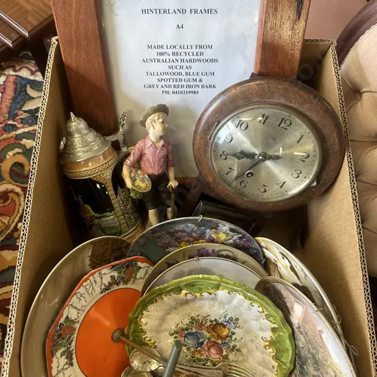 Vintage Clock, Hinterland Frame, German Beer Stein Collectors Plates Etc
