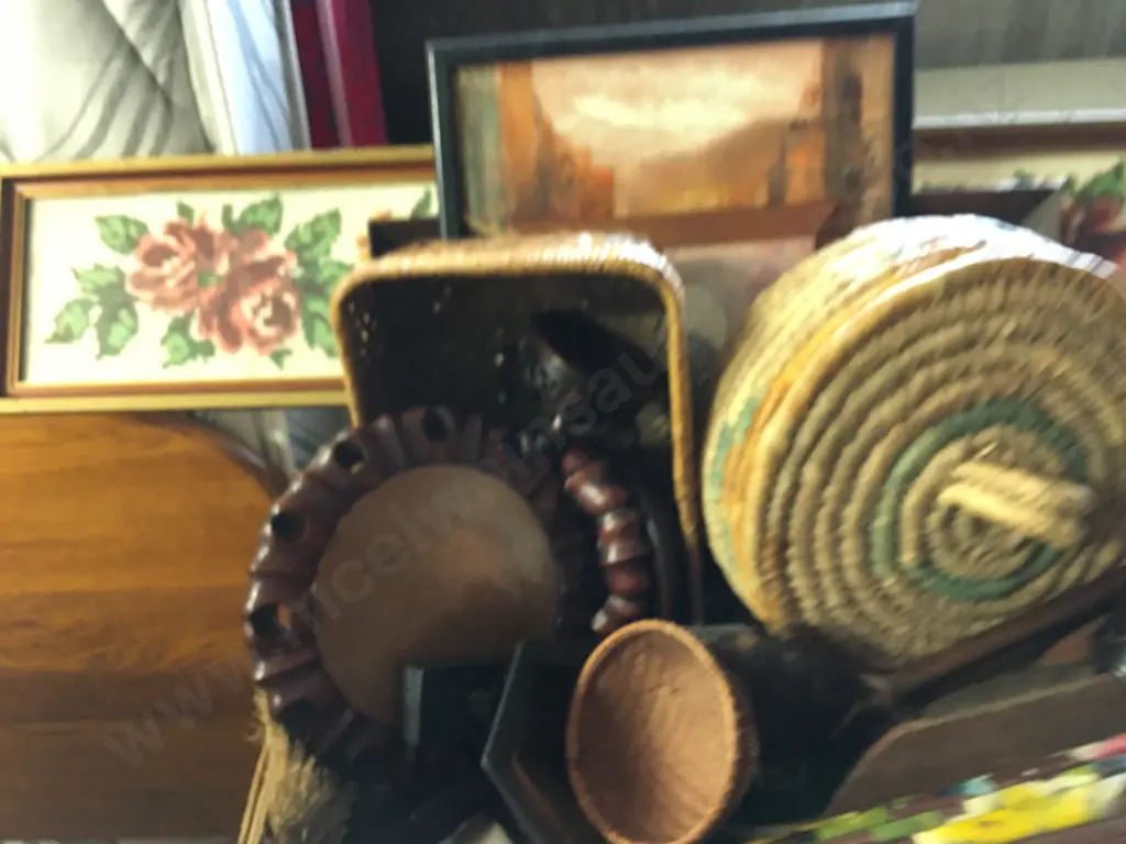 Box Lot Wood Ware, Cane, Framed Art Etc Image 1++