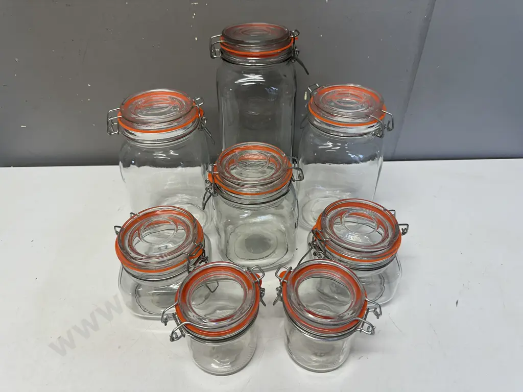 Clip Lid Glass Canisters x 8 - Assorted Sizes 260ml to 2.2 Litre Image 1++