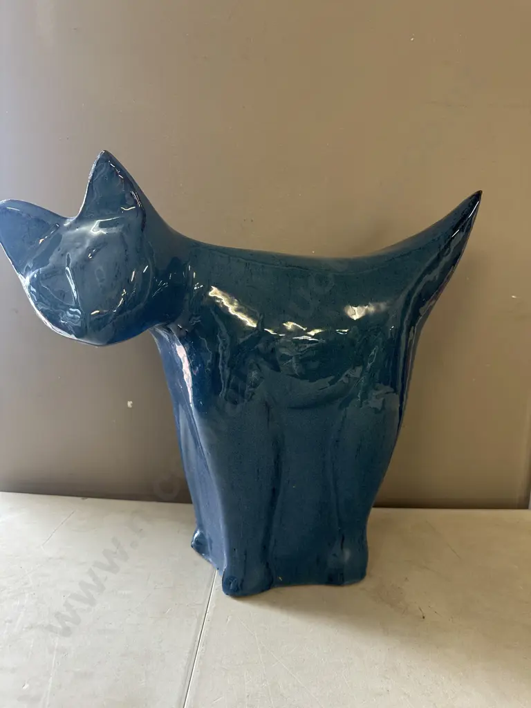 Large Glazed Blue Terracotta Cat Figurine H46,L55cm. Image 1++