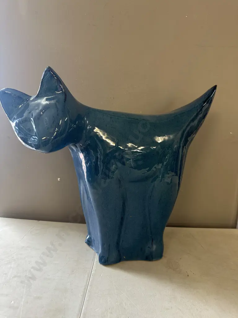 Large Glazed Blue Terracotta Cat Figurine H46,L55cm. Image 1++