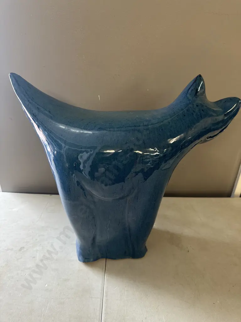 Large Glazed Blue Terracotta Cat Figurine H46,L55cm. Image 1++