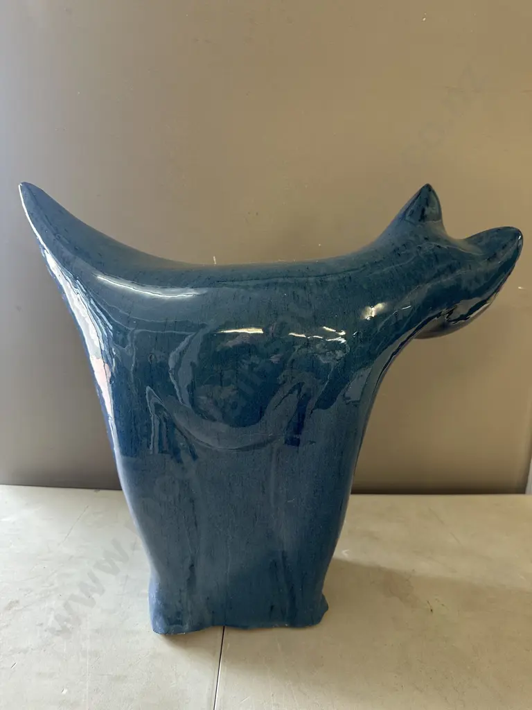 Large Glazed Blue Terracotta Cat Figurine H46,L55cm. Image 1++