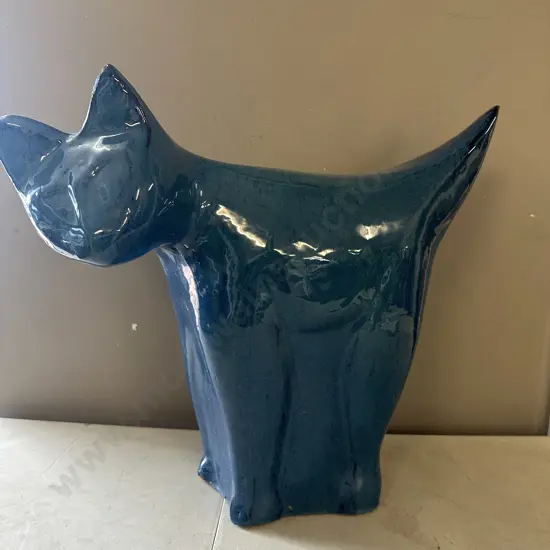Large Glazed Blue Terracotta Cat Figurine H46,L55cm.