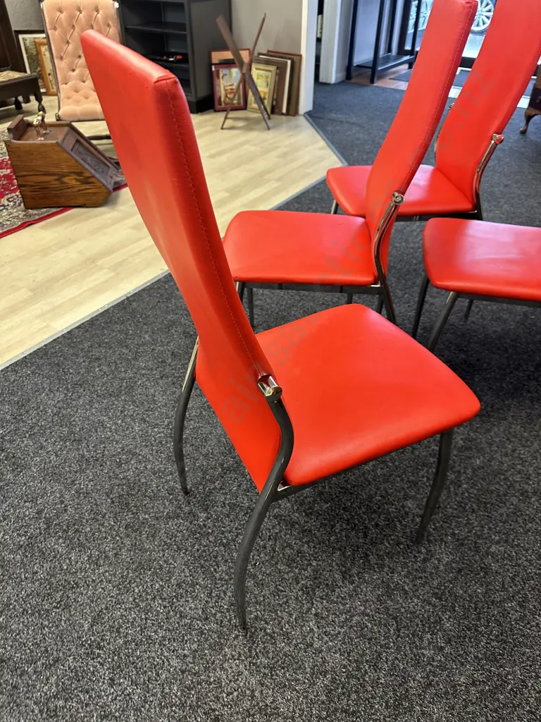 Set Of Four Modernist Red Faux Leather Upholstered Dining Chairs With Chrome Legs Image 1++
