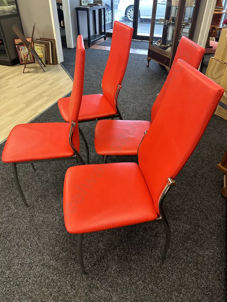 Set Of Four Modernist Red Faux Leather Upholstered Dining Chairs With Chrome Legs Image 1++