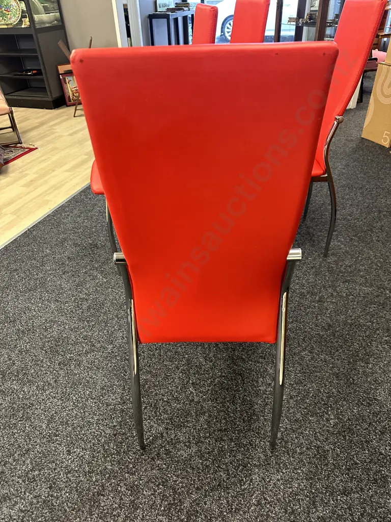 Set Of Four Modernist Red Faux Leather Upholstered Dining Chairs With Chrome Legs Image 1++