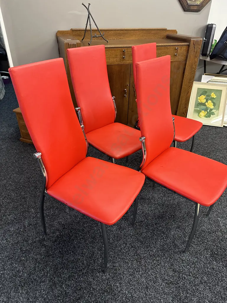 Set Of Four Modernist Red Faux Leather Upholstered Dining Chairs With Chrome Legs Image 1++