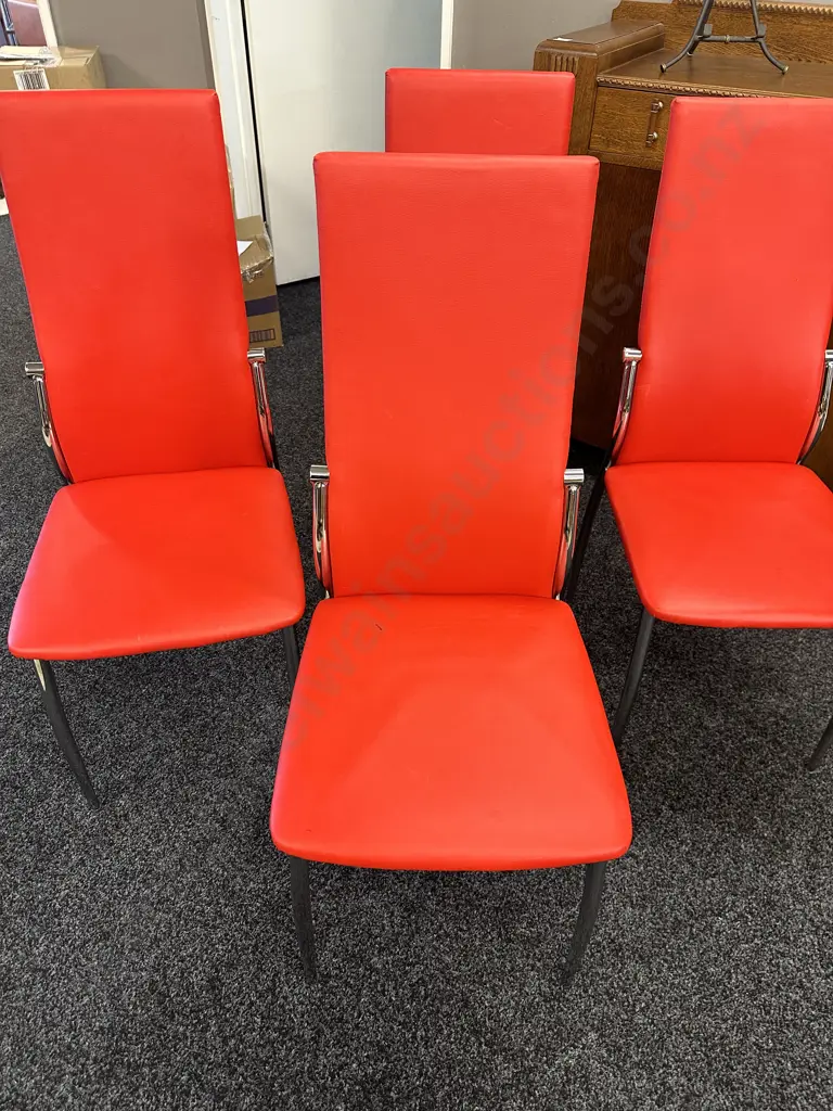 Set Of Four Modernist Red Faux Leather Upholstered Dining Chairs With Chrome Legs Image 1++