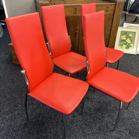Set Of Four Modernist Red Faux Leather Upholstered Dining Chairs With Chrome Legs
