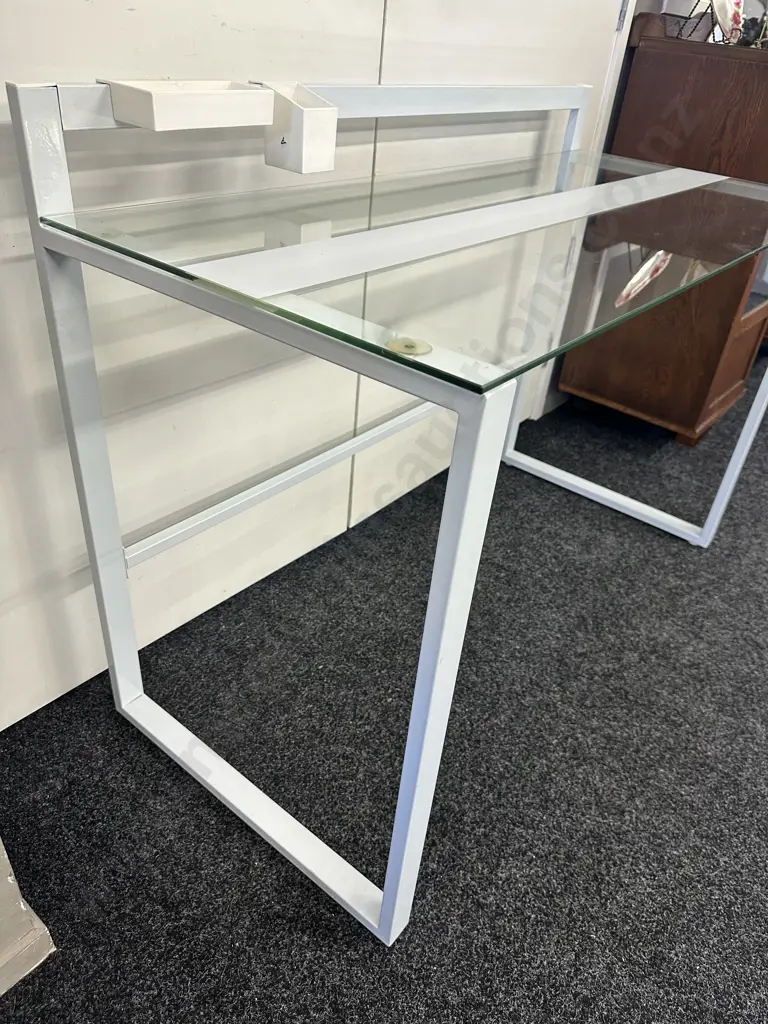 White Metal Framed Desk With Glass Top. H86 W120 D55cm Image 1++