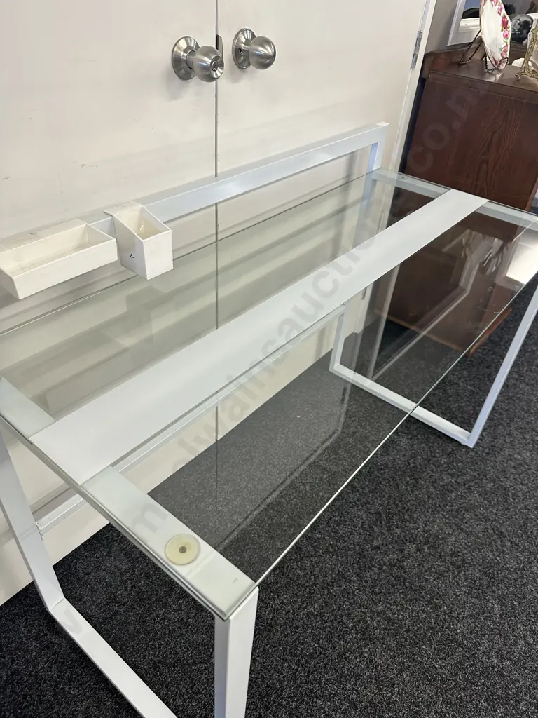 White Metal Framed Desk With Glass Top. H86 W120 D55cm Image 1++