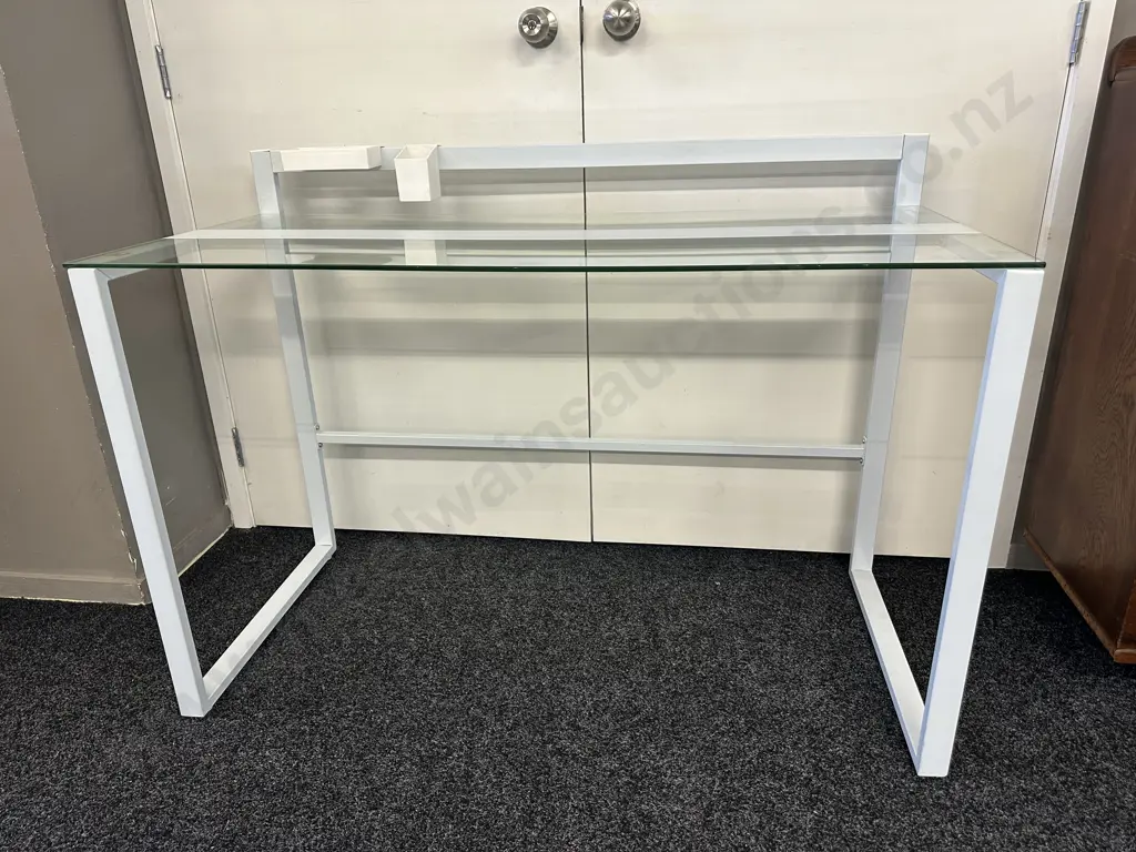 White Metal Framed Desk With Glass Top. H86 W120 D55cm Image 1++