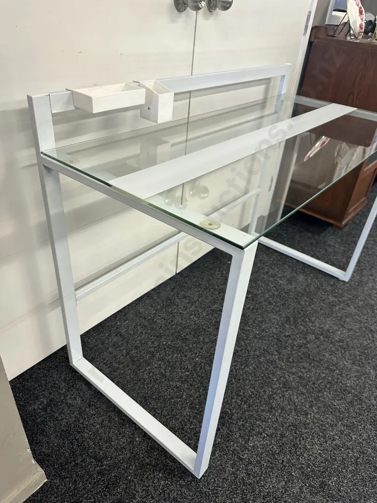 White Metal Framed Desk With Glass Top. H86 W120 D55cm Image 1++
