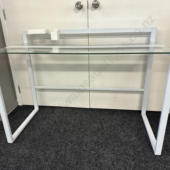 White Metal Framed Desk With Glass Top. H86 W120 D55cm