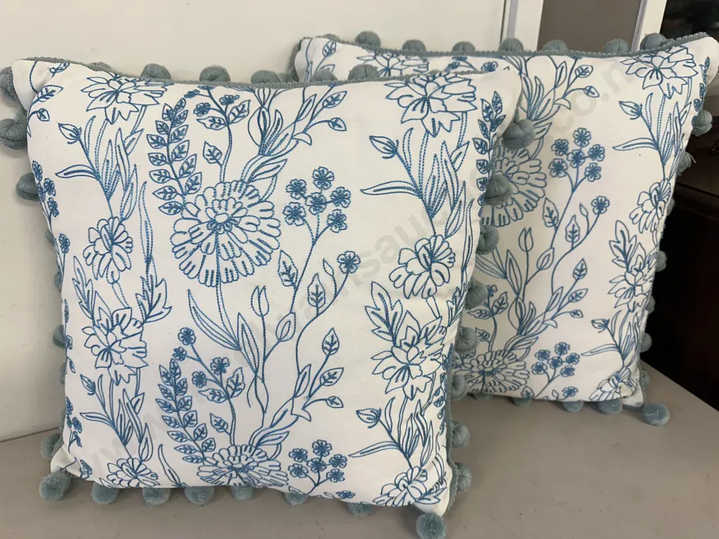Pair Of Pale Blue & White Floral Cushions Image 1++
