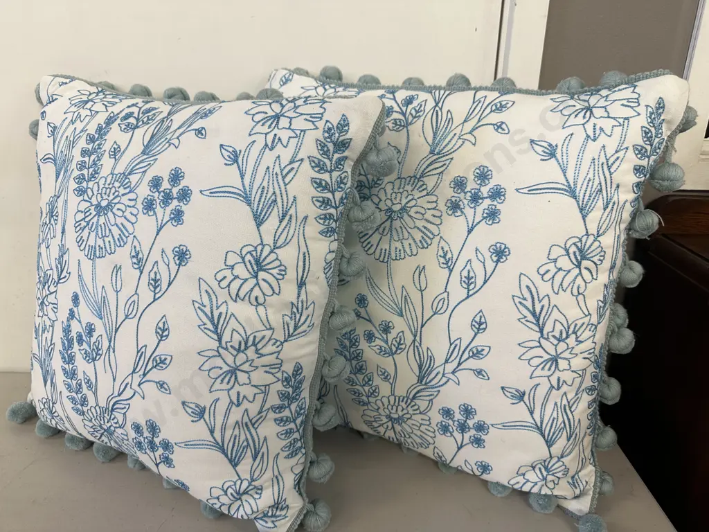 Pair Of Pale Blue & White Floral Cushions Image 1++