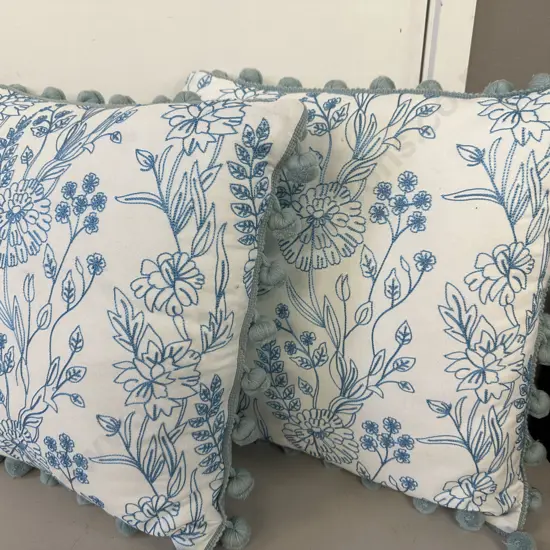 Pair Of Pale Blue & White Floral Cushions