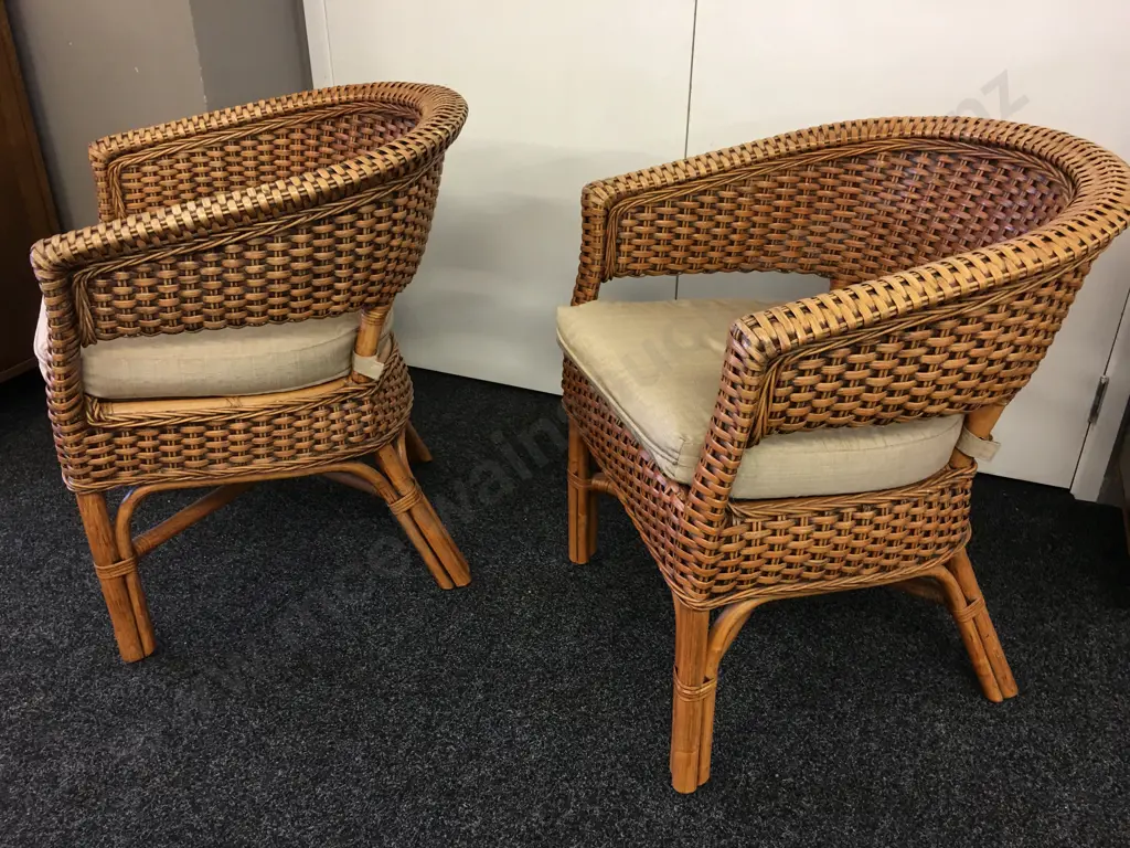Pair of Woven Cane Patio Tub Chairs With Coffee Colour Squabs Image 1++