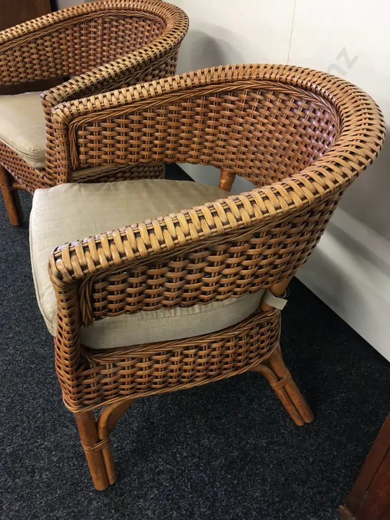 Pair of Woven Cane Patio Tub Chairs With Coffee Colour Squabs Image 1++