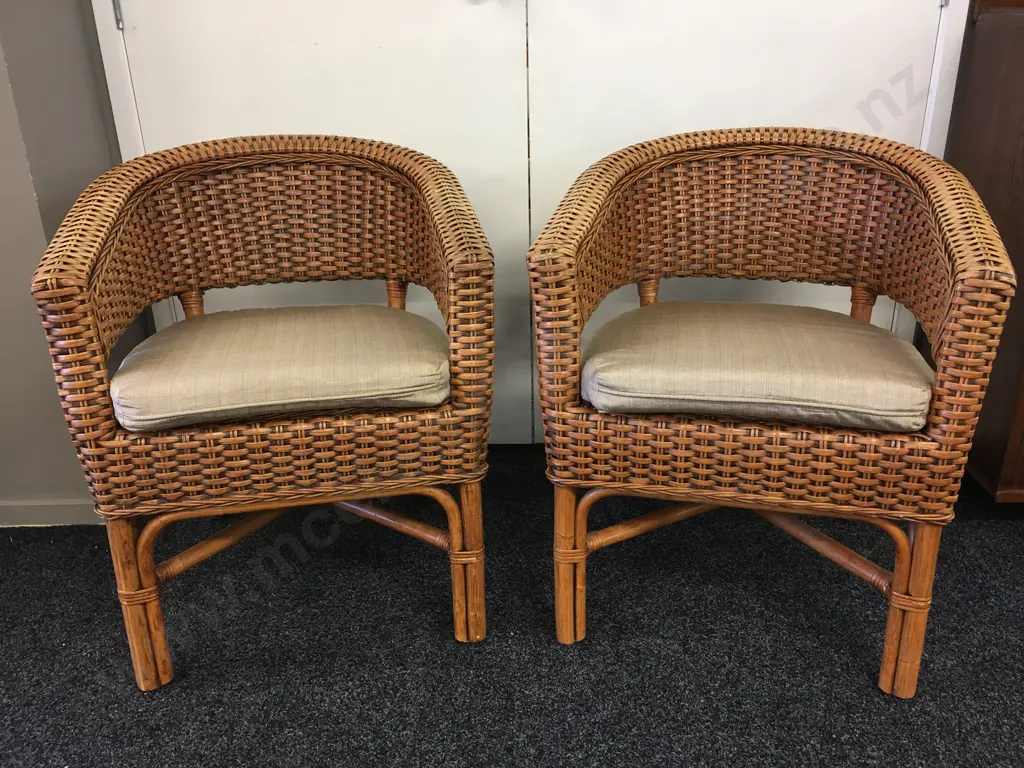Pair of Woven Cane Patio Tub Chairs With Coffee Colour Squabs Image 1++