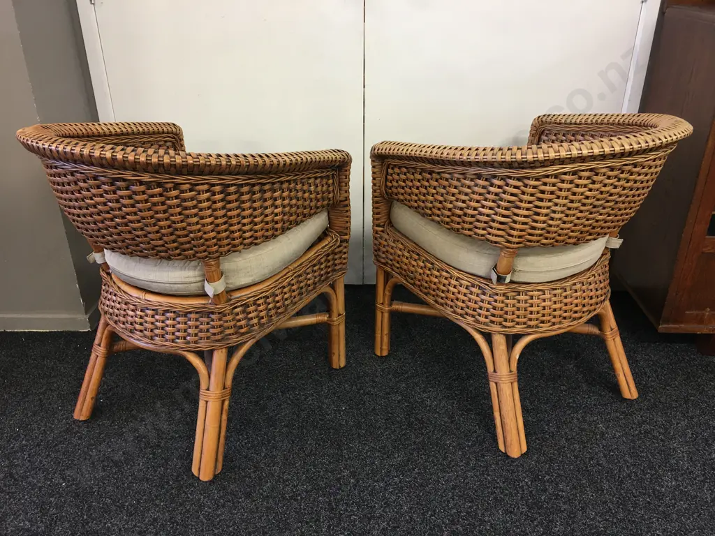 Pair of Woven Cane Patio Tub Chairs With Coffee Colour Squabs Image 1++