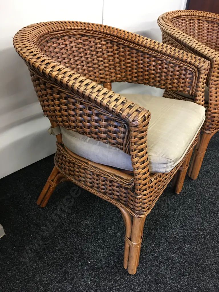 Pair of Woven Cane Patio Tub Chairs With Coffee Colour Squabs Image 1++