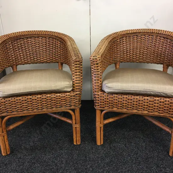 Pair of Woven Cane Patio Tub Chairs With Coffee Colour Squabs